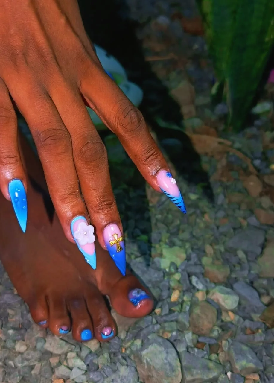 Coordinated blue and pink nail art on hands and feet, supplied by NBD